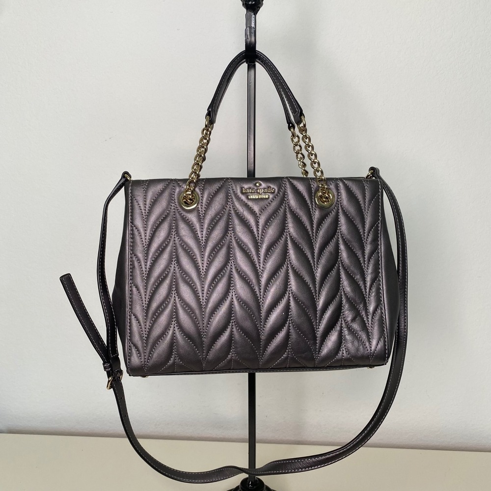 Kate Spade Briar Lane Quilted Meena Satchel Gun Metal Leather Convert. Crossbody